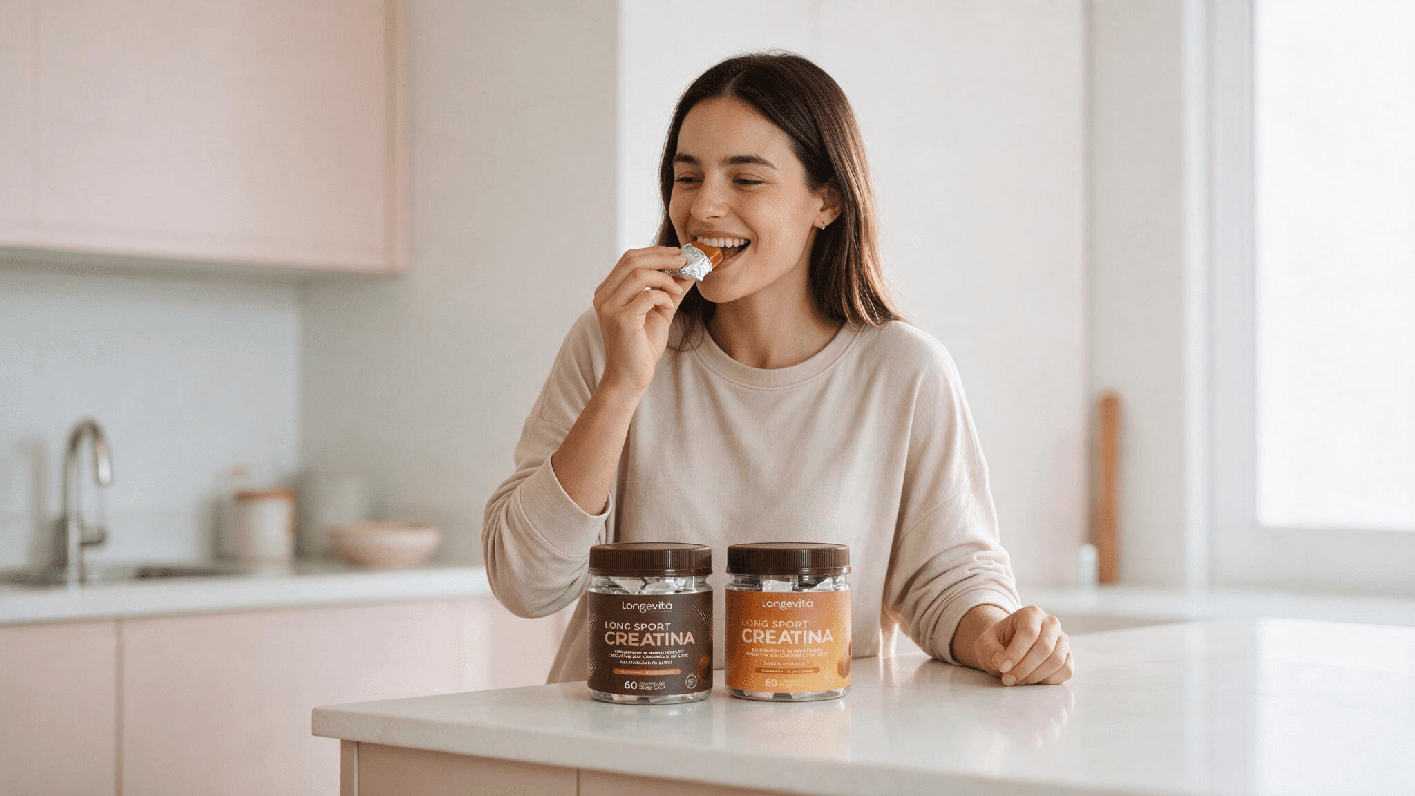 Mulher provando a creatina em balas de caramelo