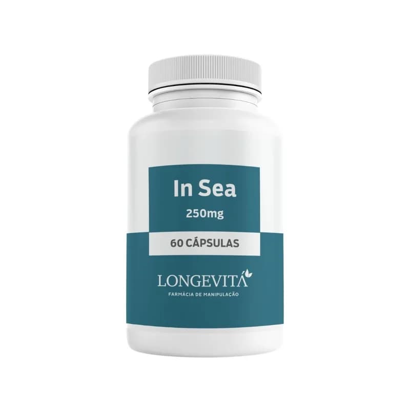 Frasco branco de In Sea 250mg da Longevitá, 60 cápsulas, com rótulo azul