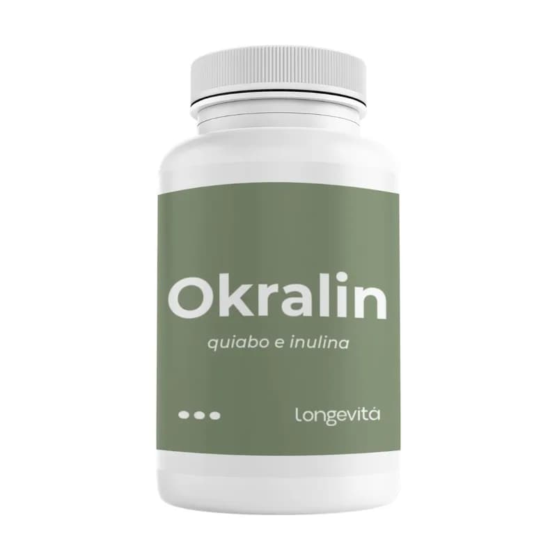 Frasco branco de Okralin da Longevitá, quiabo e inulina, com rótulo verde