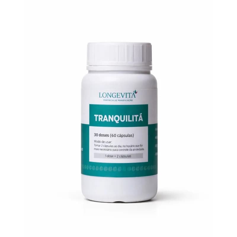 Frasco branco de Tranquilitá da Longevitá, 60 cápsulas, com rótulo verde-água