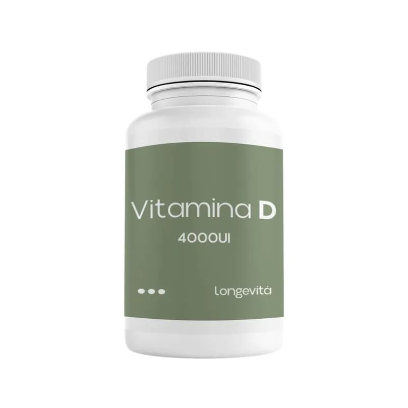 Frasco branco de Vitamina D da Longevitá, com rótulo verde
