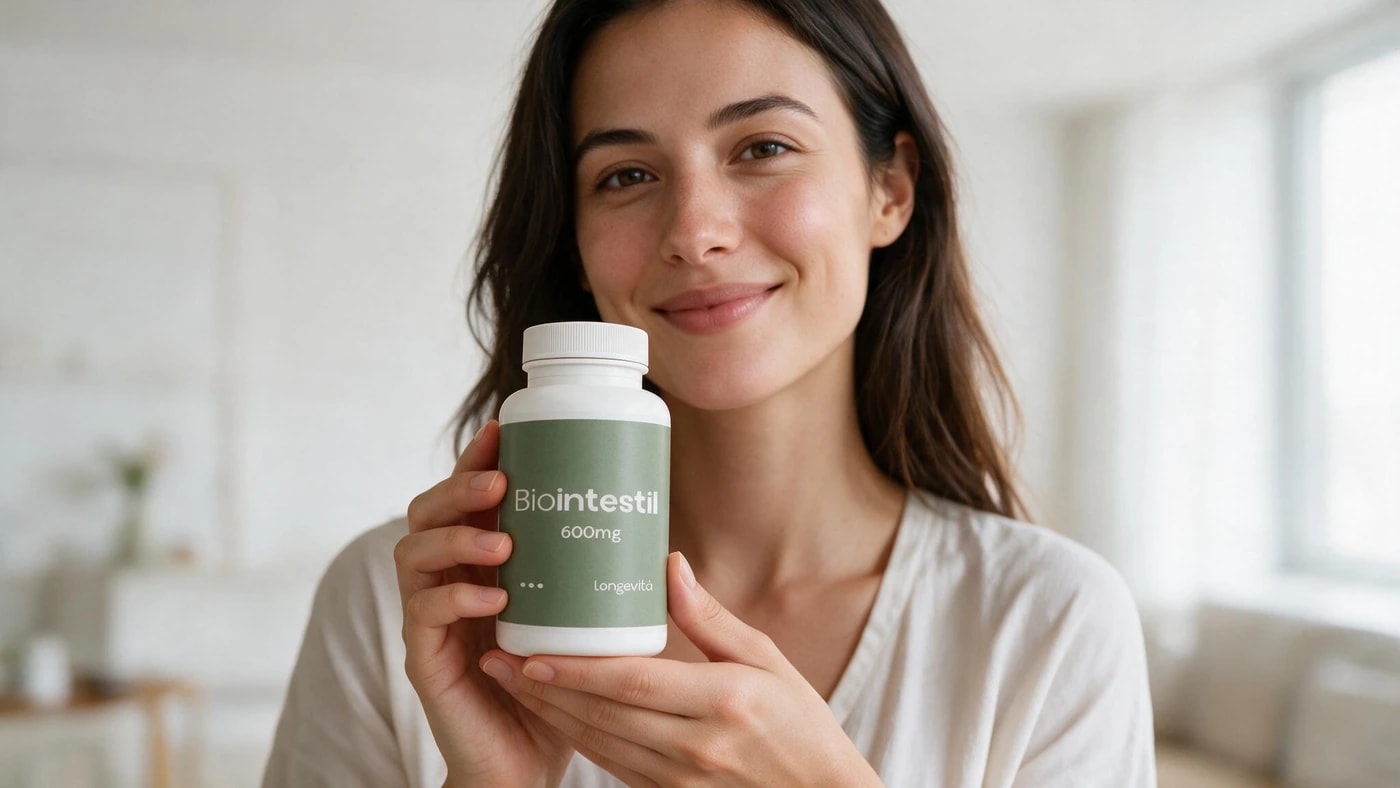 Mulher sorrindo segurando um frasco de Biointestil 600mg da Longevitá
